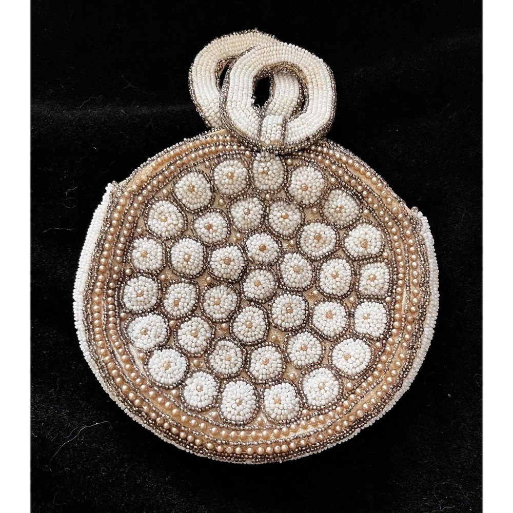 Art Deco Czechoslovakian Seed Beaded Round Evening Pouch Purse Coin Dot Pattern